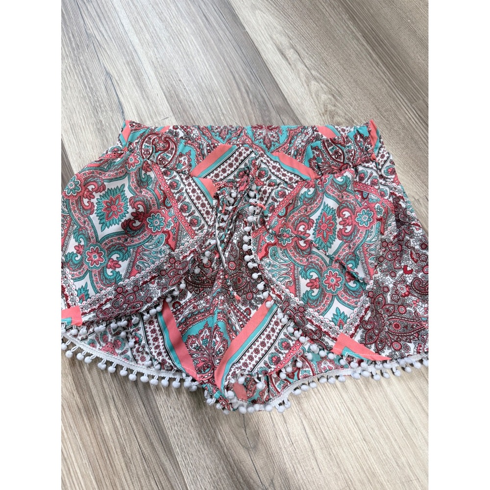Soulmates Pink Teal Paisley Pom Pom Trim Boho Festival Shorts Womens Medium